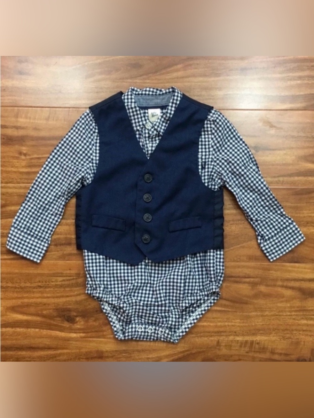 3/$25 Baby OshGosh Boy Navy Gingham Button Shirt Onesie Vest Size 18M Preppy
